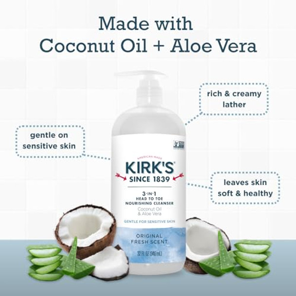 Kirk'S 3-In-1 Head To Toe Nourishing Liquid Cleanser & Travel Size Bar Soap - For Men Women & Children - Premium Coconut Oil And Aloe Vera- Non Gmo & Vegan -Original Fresh Scent - 32 Fl Oz. 2 Pack