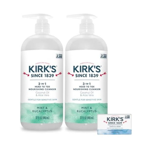 Kirk'S 3-In-1 Head To Toe Nourishing Liquid Cleanser & Travel Size Bar Soap - For Men Women & Children - Premium Coconut Oil & Aloe Vera- Non Gmo & Vegan -Mint & Eucalyptus - 32 Fl Oz. 2 Pack