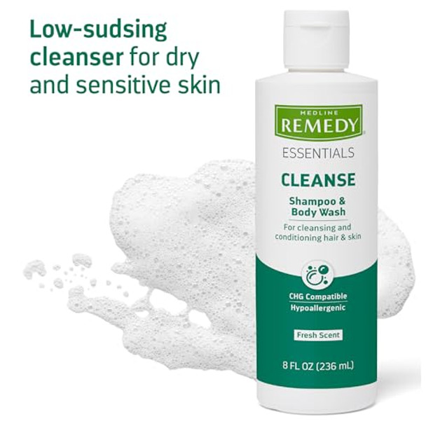Medline Remedy Essentials Shampoo And Body Wash (8 Fl Oz) Fresh Scent Full Body Cleanser With Aloe For Adults & Elderly Easy Rinse Gel For Bath Shower Or Bedside Bathing