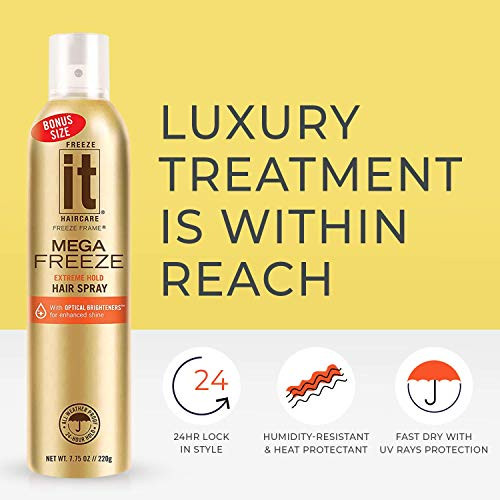 ze It Haircare Mega ze Extreme Hold Hair Spray 7.75 Oz. Vitamin B5 & Hydrolyzed Wheat Protein Humidity Resistant Optical Brighteners For Enhanced Shine 24 Hour Hold Fast-Dry Bonus 4 Pack