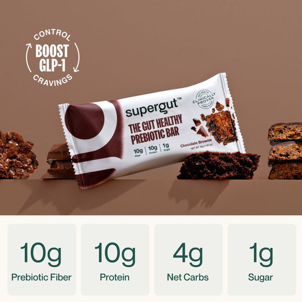 Supergut GLP-1 Boosting Prebiotic Bars Chocolate Brownie - Gut Healthy Protein Snacks & Breakfast Bars - Keto-Friendly Meal Replacement Energy Bars (12 Count)