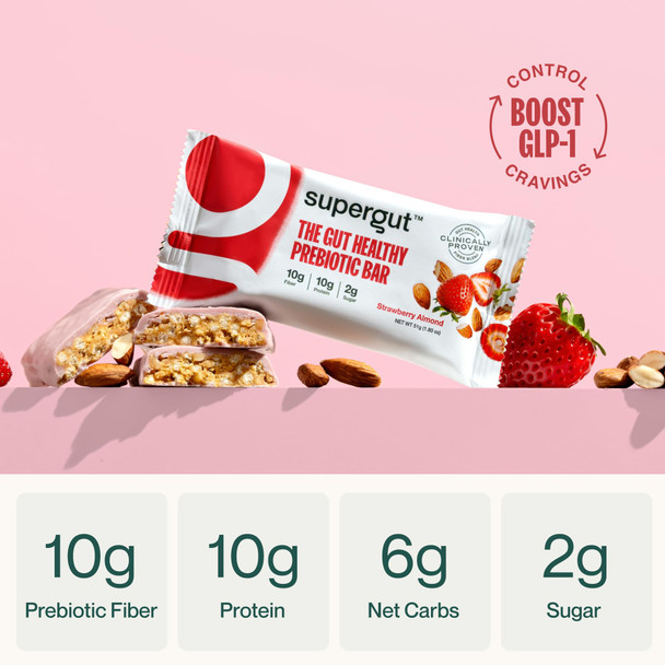 Supergut GLP-1 Boosting Prebiotic Bars Strawberry Almond - Gut Healthy Protein Snacks & Breakfast Bars - Keto-Friendly Meal Replacement Energy Bars for Gut Health (12 Count)