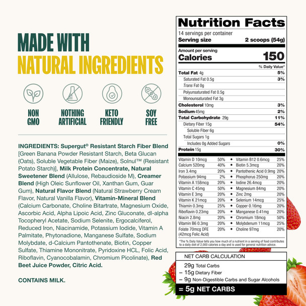 Supergut Prebiotic Shakes | Meal Replacement | Boost GLP-1 | High Protein and Fiber | No Added Sugar | Keto Food Meal Snack (Strawberry 14 servings)