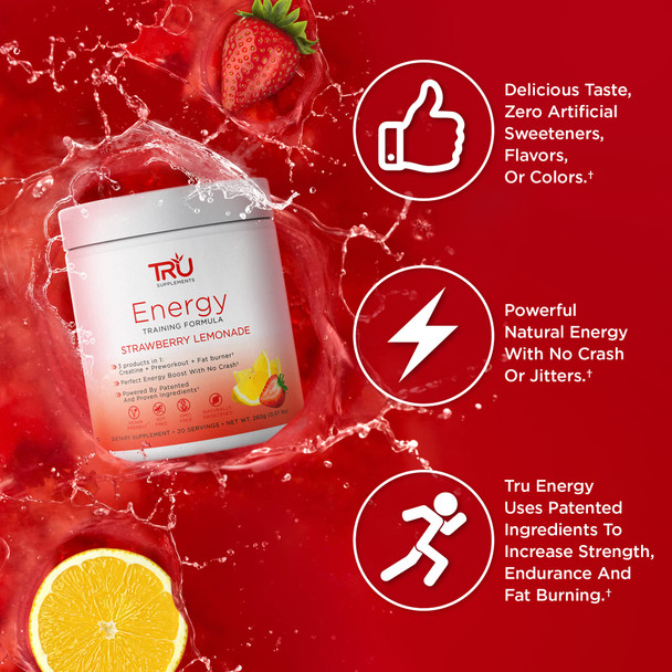 TRU Supplements Energy Pre Workout Training Formula Vegan Friendly No Jitters Improve Workout Performance Naturally Extracted Flavors 20 Servings (Strawberry Lemonade)
