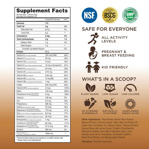 TRU Supplements Plant Based Protein Powder BCAA EAA 20g Vegan Brown Rice & Pea Protein 100 Calories 27 Vitamins No Artificial Flavors 25 Servings 25 Servings (Dulce De Leche)