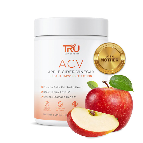 TRU Supplements ACV Apple Cider Vinegar Organic ACV with The Mother Improves Digestion and Skin Health 45 Servings 1000mg