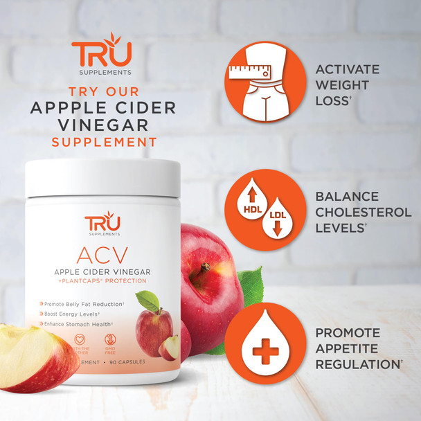 TRU Supplements ACV Apple Cider Vinegar Organic ACV with The Mother Improves Digestion and Skin Health 45 Servings 1000mg