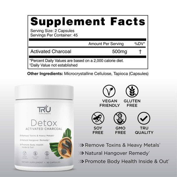 TRU Supplements Detox Cleanse Capsules with Activated Charcoal Whole Body Cleanse for Bloating Relief & Clear Skin Vegan-Friendly Natural Detox Support 60 Servings