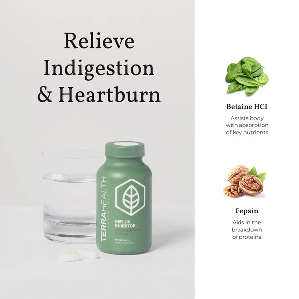 Terra Health Essentials - Reflux Inhibitor | Relieve Indigestion and Heartburn | 30-Day Supply (90 Capsules)