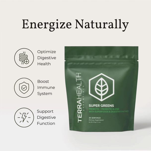 Terra Health Essentials Super Greens | Organic Superfood Greens Powder | Gluten-Free Gut-Friendly Probiotics | 30 Servings