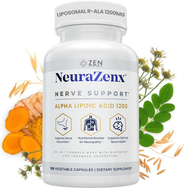 Zen Nutrients NeuraZenX Nerve Support & Peripheral Neuropathy Support Supplement with 1200mg Alpha Lipoic Acid (ALA) Benfotiamine L-Carnitine and Turmeric