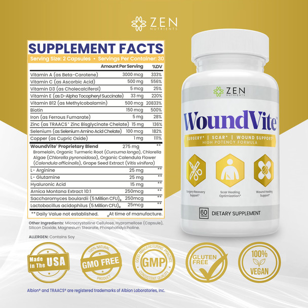 Zen Nutrients WoundVite Pre & Post Surgery Support Scar & Wound Care Scar Treatment Plastic & General Surgery Heal Faster & Aids in Recovery Time w/ Bromelain Turmeric & Arnica - 60 Vegan Caps