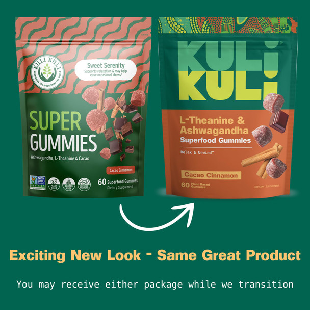 Kuli Kuli Super Gummies - Calming Supplements with Ashwagandha L-Theanine & Cacao - Helps Support Relaxation & Rejuvenation - 60 Non-GMO Gluten-Free Gummies