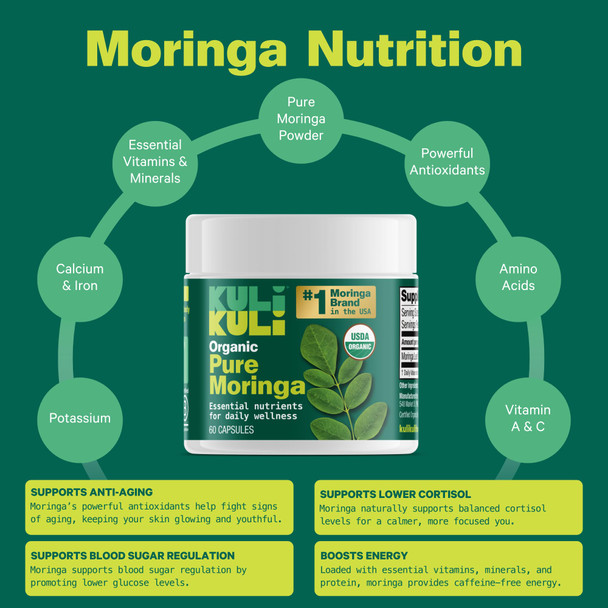 Kuli Kuli Organic Moringa Capsules [60 Count] - Premium Moringa Leaf Powder Capsules - Nutrient-Dense Superfood for Energy Vitality and Wellness