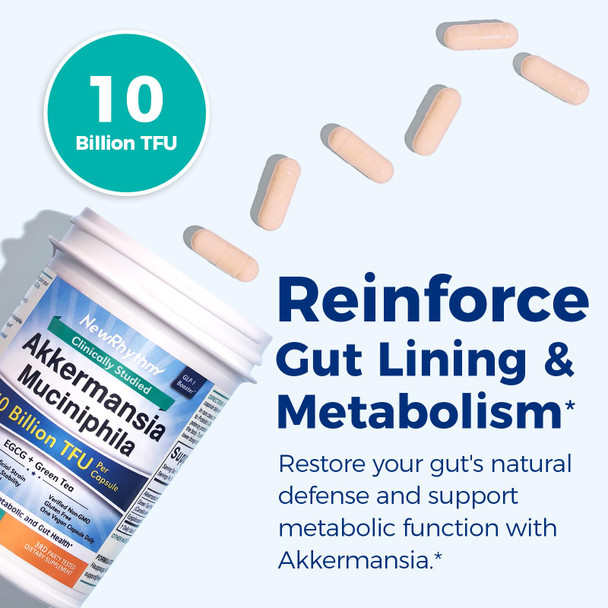 NewRhythm Akkermansia Muciniphila Probiotic 10 Billion TFU Pasteurized Maximum Stability Green Tea Leaf EGCG GLP-1 Production Metabolic Health Gut Immunity for Women & Men 60 Caps