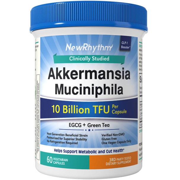 NewRhythm Akkermansia Muciniphila Probiotic 10 Billion TFU Pasteurized Maximum Stability Green Tea Leaf EGCG GLP-1 Production Metabolic Health Gut Immunity for Women & Men 60 Caps