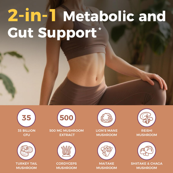 NewRhythm Probiotics 35 Billion CFU Mushroom Probiotics Supplement for Women & Men 7 Mushroom Blend 10:1 Extract Turkey Tail Reishi Lion's Mane Natural Prebiotics Digestive & Immune 30 Caps