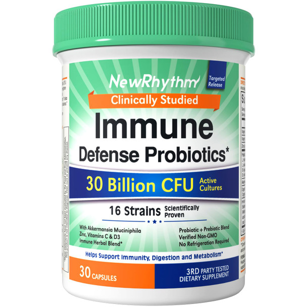 NewRhythm Probiotics for Immune Support Akkermansia Probiotic Supplement for Women & Men 30 Billion CFU 16 Strains Plus Zinc Vitamin C & D3 Elderberry & Echinacea Non-GMO 30 Capsules