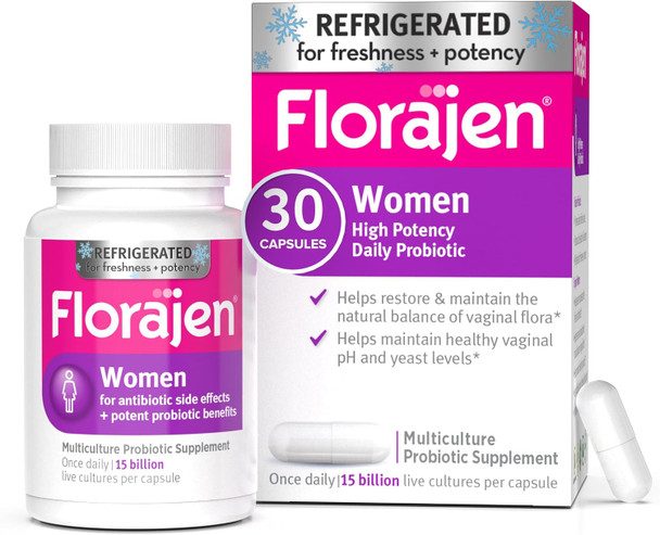 Florajen Women'S Vaginal Probiotics Provides Gut Health & Constipation Relief For Adults And Bloating Relief For Women 30 Capsules (Refrigerated)