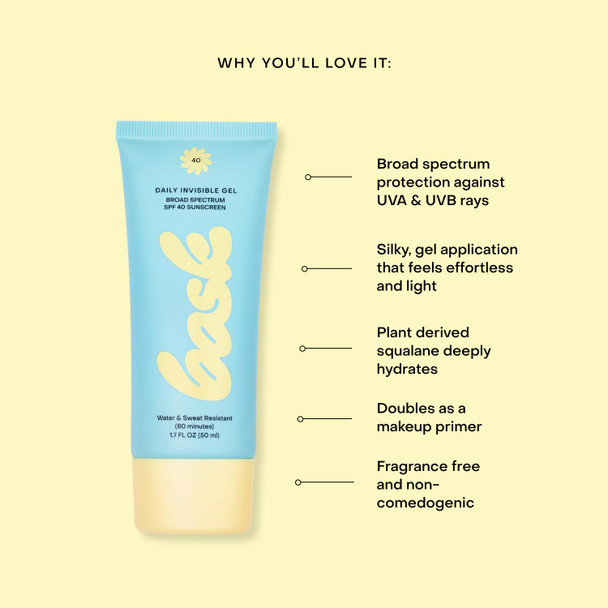 Bask Suncare SPF 40 Daily Invisible Gel Face Sunscreen - Broad Spectrum Protection Fragrance Free Makeup Primer Hydrating Lightweight & Fast Absorbing Dermatologist Recommended 1.7 fl oz