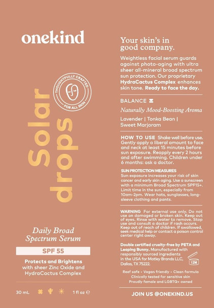 Onekind Solardrops SPF 55 Daily Mineral Sunscreen Serum for Sensitive Skin Lightweight Wrinkle Defense Non-Comedogenic Zinc Oxide Formula with UVA & UVB Protectio Water Resistant