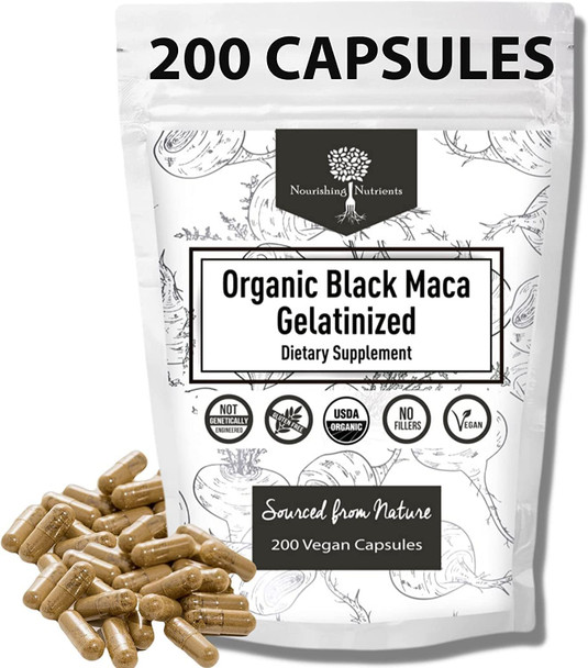 Nourishing Nutrients Organic Gelatinized Black Maca – 3X Stronger 200 Capsules for Men & Women Natural Energy Supplement for Focus Performance Stamina & Endurance, Mood Enhancement and Stability, Mental Clarity 1000mg