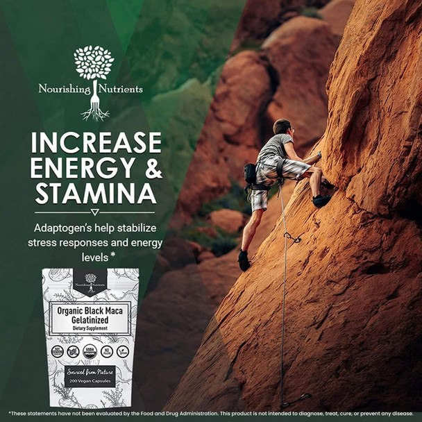 Nourishing Nutrients Organic Gelatinized Black Maca – 3X Stronger 200 Capsules for Men & Women Natural Energy Supplement for Focus Performance Stamina & Endurance, Mood Enhancement and Stability, Mental Clarity 1000mg