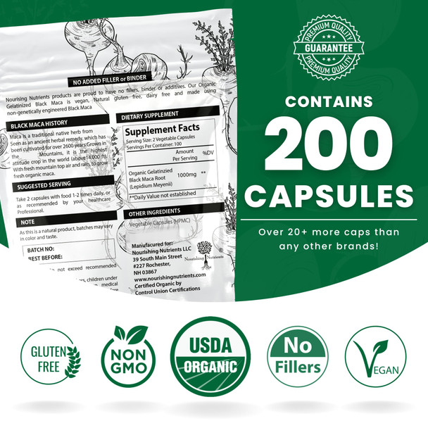 Nourishing Nutrients Organic Gelatinized Black Maca – 3X Stronger 200 Capsules for Men & Women Natural Energy Supplement for Focus Performance Stamina & Endurance, Mood Enhancement and Stability, Mental Clarity 1000mg