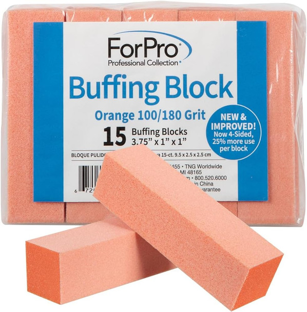 Forpro Professional Collection Buffing Block Orange 100/180 Grit Three-Sided Manicure And Pedicure Nail Buffer 3.75” L X 1” W X 1” H 15-Count