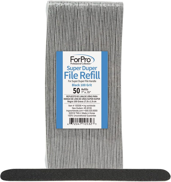 Forpro Professional Collection Super Duper File System Refills Black 100 Grit Manicure Nail File 7” L X .75“ W 50-Count