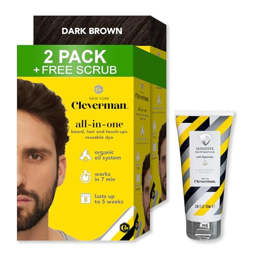 Cleverman 2 Pack - Dark Brown Hair & Beard Dye For Men X2 + 1  Sensitive Face & Beard Scrub