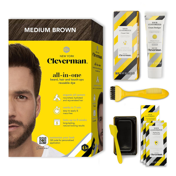 Cleverman Medium Brown Hair & Beard Dye For Men All-In-One Reusable Kit - Mens Color For Natural-Looking Gray Coverage Professional-Quality And Ammonia- For Hair Beard & Gray Mustache