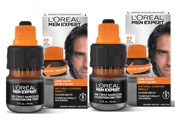 L’Oreal Paris Men Expert One Twist Mess  Permanent Hair Color Mens Hair Dye To Cover Grays Easy Mix Ammonia  Application Dark Brown 03 2 Application Kit