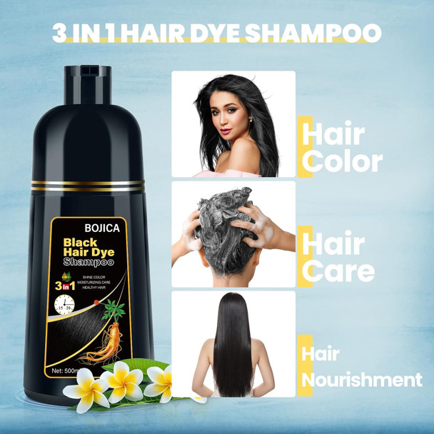 Black Hair Dye 3 In 1 Shampoo For Gray Hair Herbal Ingredients For Women&Men Dye In Minutes/Semi-Permanent/(17.6 Fl Oz)