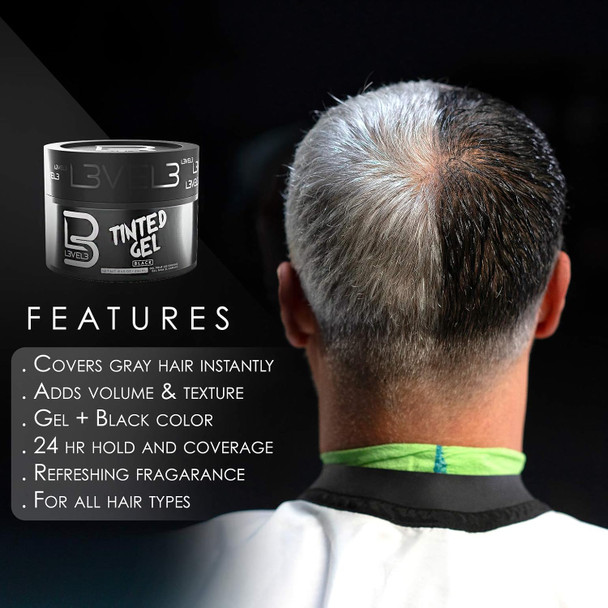L3 Level 3 Tinted Gel Black - Temporary Black Hair Gel For Hair No Flaking And Rinses Out Easily - Level Three Strong Hold Formula