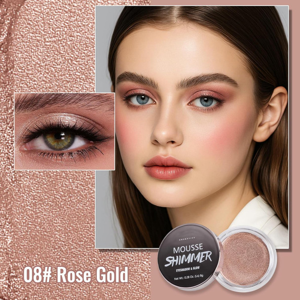 Erinde Shimmer Cream Eyeshadow Highlighter Creme Eye Shadow Palette Waterproof Long Lasting Soft Shimmer Glitter Eye Brightener Makeupvegan & Cruelty 08 Rose Gold