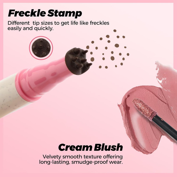 Erinde Natural Freckle Stamp Blush Pen 2 In 1 Light Brown Liquid Freckle Stamp & Soft Pink Liquid Blush For Cheeks Long Lasting Waterproof Freckles Tattoo Marker For Natural Sunkissed Makeup 01