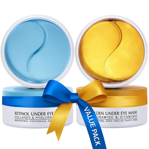 Under Eye Patches Kit: 120 Pcs Retinol & Golden Gel Eye Mask For Dark Circles Puffiness And Wrinkles - Day & Night Skin Treatment Pads With Niacinamide Collagen Hyaluronic Acid & Vitamin C (2 Pack)