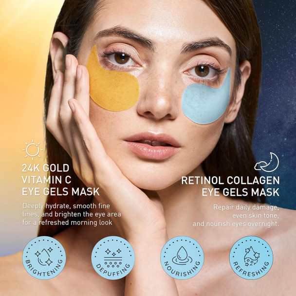 Under Eye Patches Kit: 120 Pcs Retinol & Golden Gel Eye Mask For Dark Circles Puffiness And Wrinkles - Day & Night Skin Treatment Pads With Niacinamide Collagen Hyaluronic Acid & Vitamin C (2 Pack)