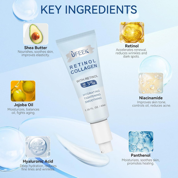 Retinol Moisturizer Face Cream With Collagen Hyaluronic Acid – Anti Aging & Hydrating Cream For Face Chest & Body – Instant Face Lift Cream Neck Wrinkle Cream For Men & Women 1.35 Fl Oz