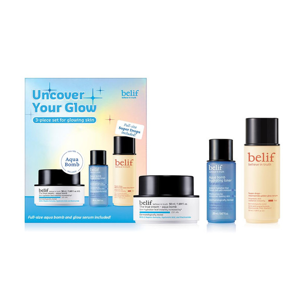 Belif Uncover Your Glow Set​ Aqua Bomb Daily Face Moisturizer Niacinamide Vitamin C Golden Glow Serum Aqua Bomb Hydrating Toner - Hyaluronic Acid For All Skin Types Korean Skin Care