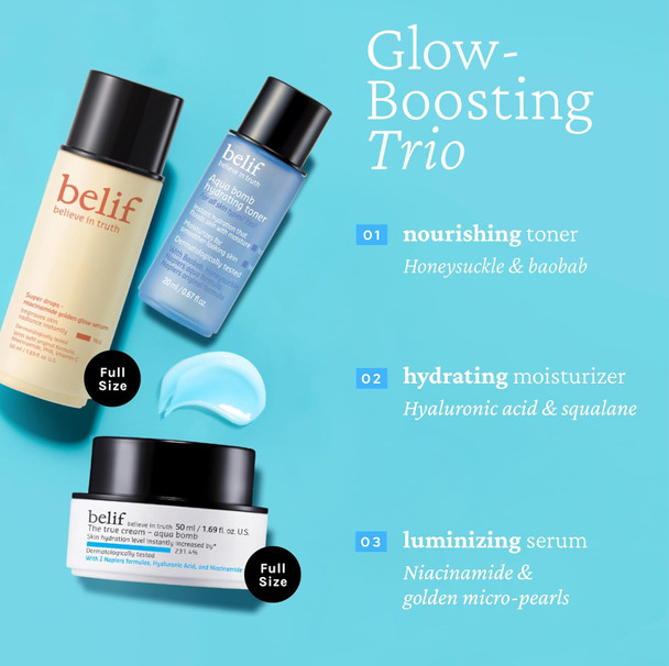 Belif Uncover Your Glow Set​ Aqua Bomb Daily Face Moisturizer Niacinamide Vitamin C Golden Glow Serum Aqua Bomb Hydrating Toner - Hyaluronic Acid For All Skin Types Korean Skin Care