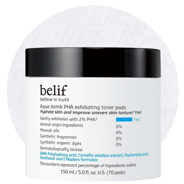Belif Pha 2% Toner Pads – Gentle Exfoliating Facial Polish For Pore Care Hydrating & Soothing With Panthenol & Cica Double-Sided Texture Ideal For Sensitive Skin Korean Skincare (70 Pads)