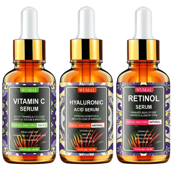 3 Pack Face Serum Set - Includes Vitamin C Retinol & Hyaluronic Acid - Firming Brightening & Hydrating - Reset Your Skin Day And Night