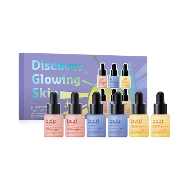 Belif Discover Glowing Skin Mini Kit: Peptides Firming Serum Multi7-Hyaluron Hydrating Serum Vitamin C Serum Super Drops Trial Set Hyaluronic Acid 5% Niacinamide Retinol Korean Skin Care
