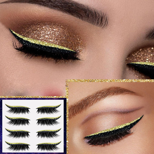 Lazy Eye Shadow Eyelash Patch 4 Pairs Reusable Eyelashes Lazy Eyeshadow Natural Waterproof Eyelashes Makeup Stickers For Women Party Quick Makeup (Gold)