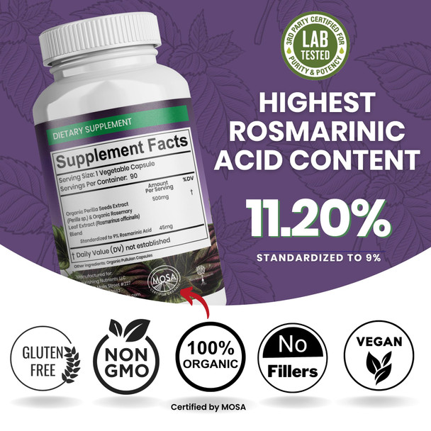 Nourishing Nutrients Organic Perilla Seed Extract with 9% Rosmarinic Acid - USDA Certified - Allergy Relief Respiratory and Immunity Booster- Th2 Cytokines Naturally Occurring Luteolin - 500mg 90 capsules