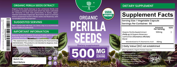 Nourishing Nutrients Organic Perilla Seed Extract with 9% Rosmarinic Acid - USDA Certified - Allergy Relief Respiratory and Immunity Booster- Th2 Cytokines Naturally Occurring Luteolin - 500mg 90 capsules