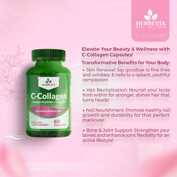 Herbevia C-Collagen  Hydrolyzed Collagen Capsule & Vitamin C  Glowing Skin Healthy Hair Nails & Joints | Anti-Aging Supplement for Adults  Halal Certified  GMO-Free  60 Capsules