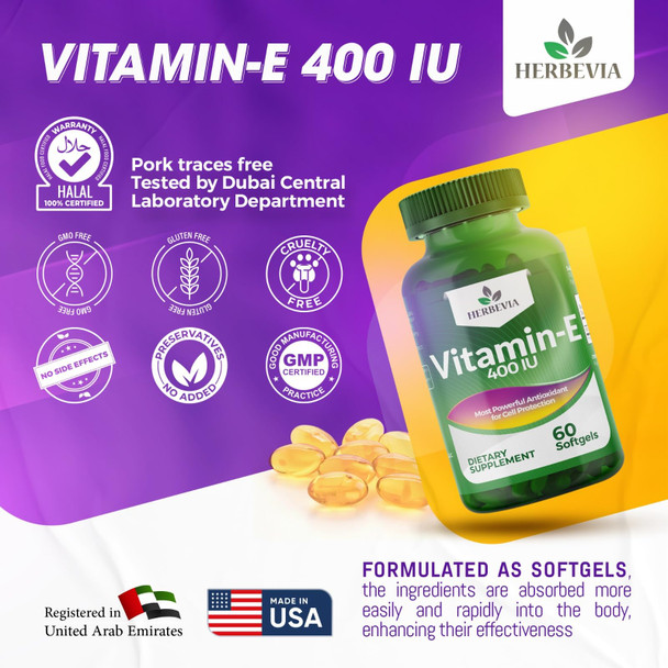 Herbevia Vitamin E 400 IU Antioxidant Supplement – For Skin Men & Women Supports Reproductive Health & Oxidative Cell Health Organic & No Side Effects Halal Certified GMO-Free 60 Softgels